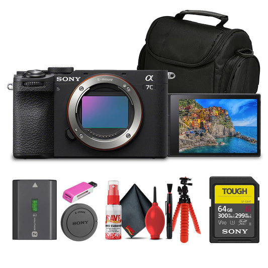 Sony Alpha 7C II Mirrorless Full-Frame Interchangeable Lens Camera (ILCE-7CM2/B) + 64GB SF-G Tough Card + Bag + Card Reader + Flex Tripod + Cleaning Kit
