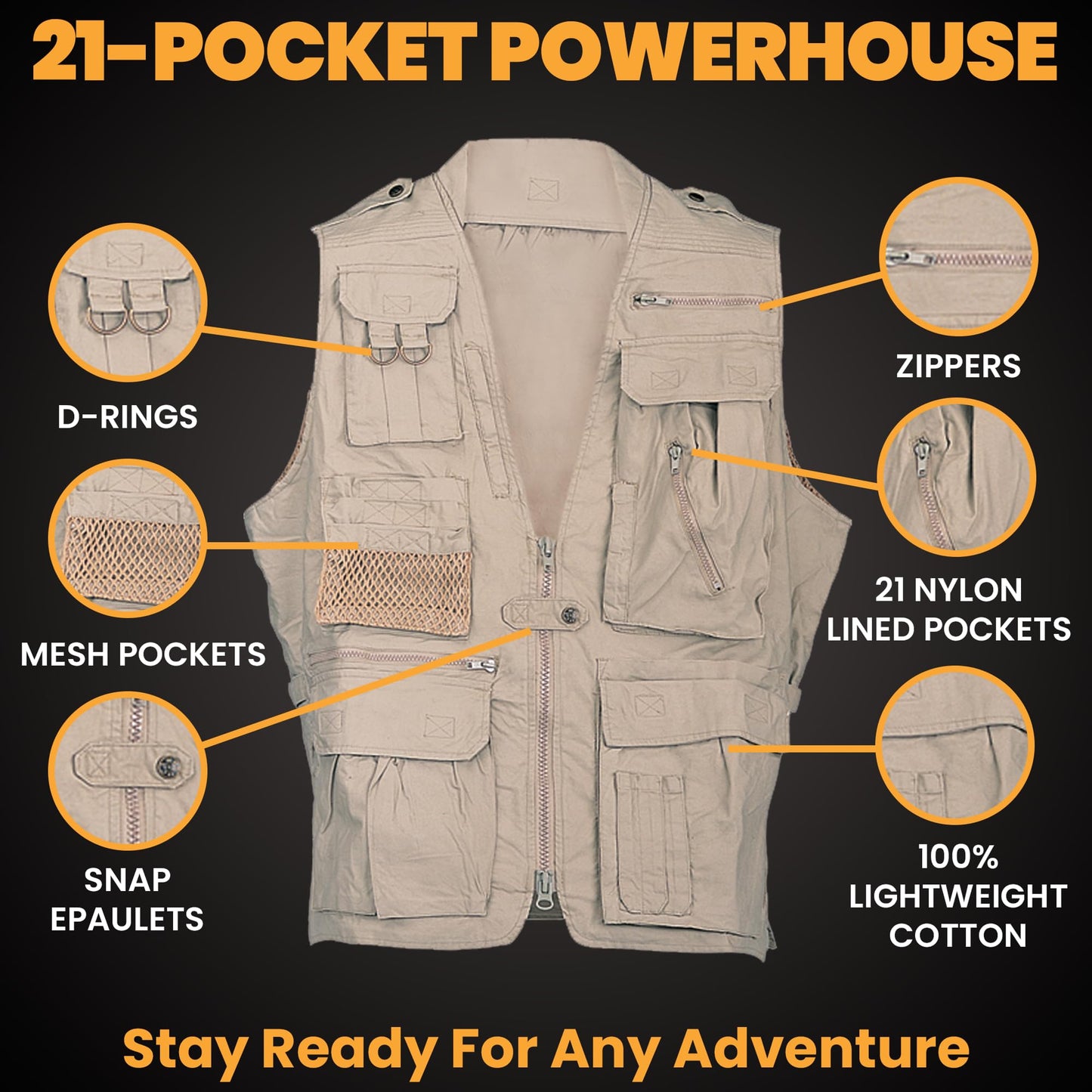 HUMVEE HMV-VS-K-S Small Cotton Safari Vest with Extra Pockets, Khaki