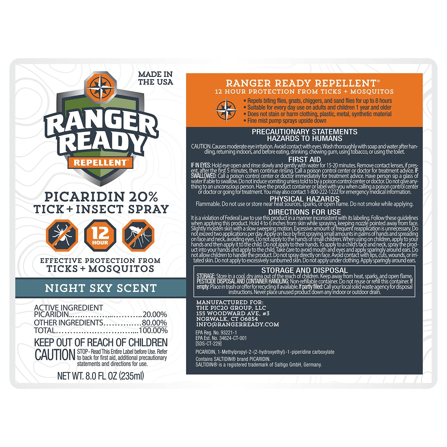 Ranger Ready Repellents Picaridin Insect Repellent & Tick Spray, Night Sky Scent Deet-Free Bug Spray (8 Oz., Pack of 1)