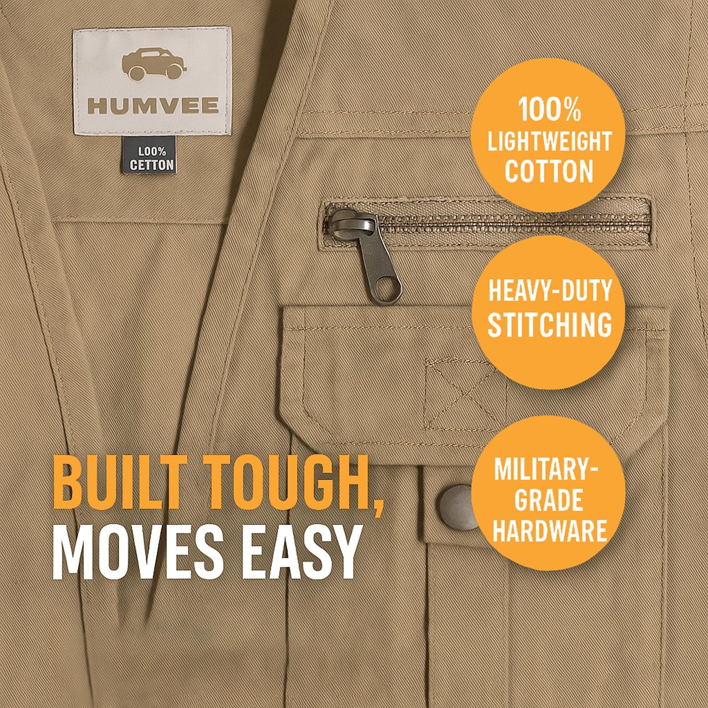 HUMVEE HMV-VS-K-S Small Cotton Safari Vest with Extra Pockets, Khaki