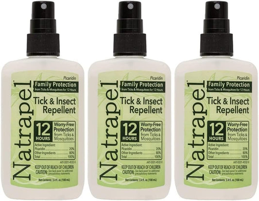 Natrapel Tick & Insect Repellent - Bug Spray with 20% Picaridin - Family Protection Against Mosquitoes, Ticks & More - Up to 12 Hours of Protection - 3.4 fl oz (3 Pack)