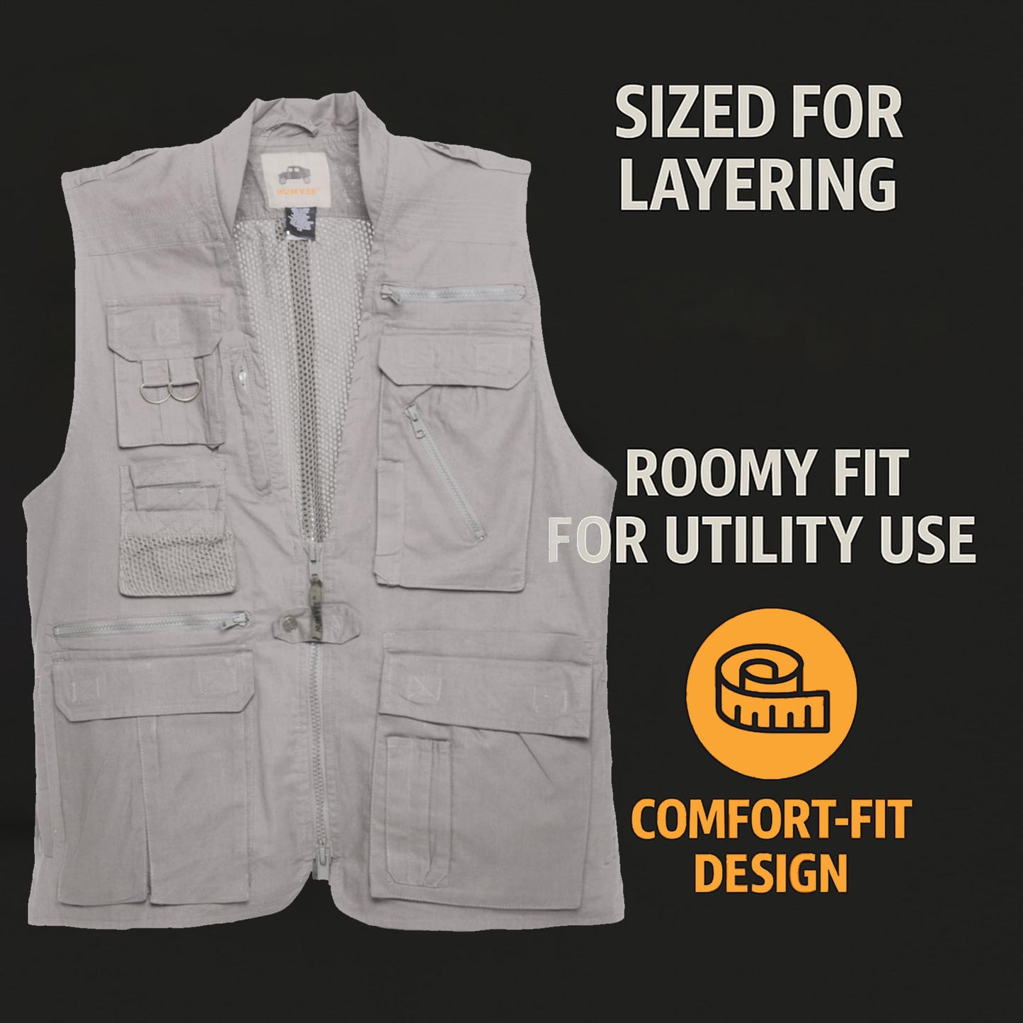 HUMVEE HMV-VS-K-S Small Cotton Safari Vest with Extra Pockets, Khaki