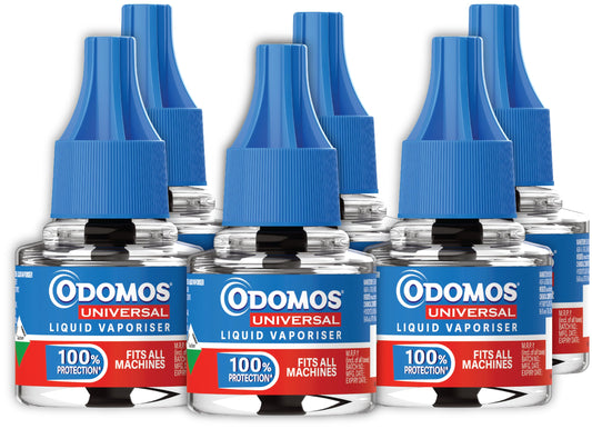 Odomos Universal Liquid Vaporiser 45ml X Pack Of 6 | Mosquito Repellent Single Refill | 100% Protection| Fits All Machines | Protects Dengue, Malaria & Chikungunya Mosquitoes |