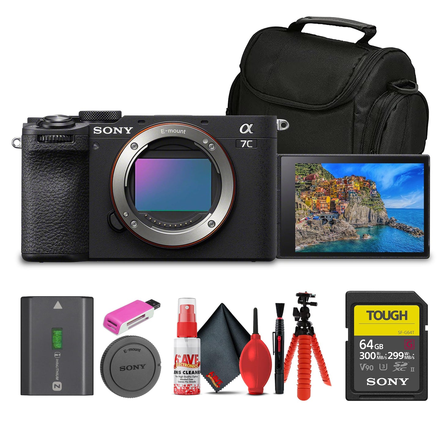 Sony Alpha 7C II Mirrorless Full-Frame Interchangeable Lens Camera (ILCE-7CM2/B) + 64GB SF-G Tough Card + Bag + Card Reader + Flex Tripod + Cleaning Kit