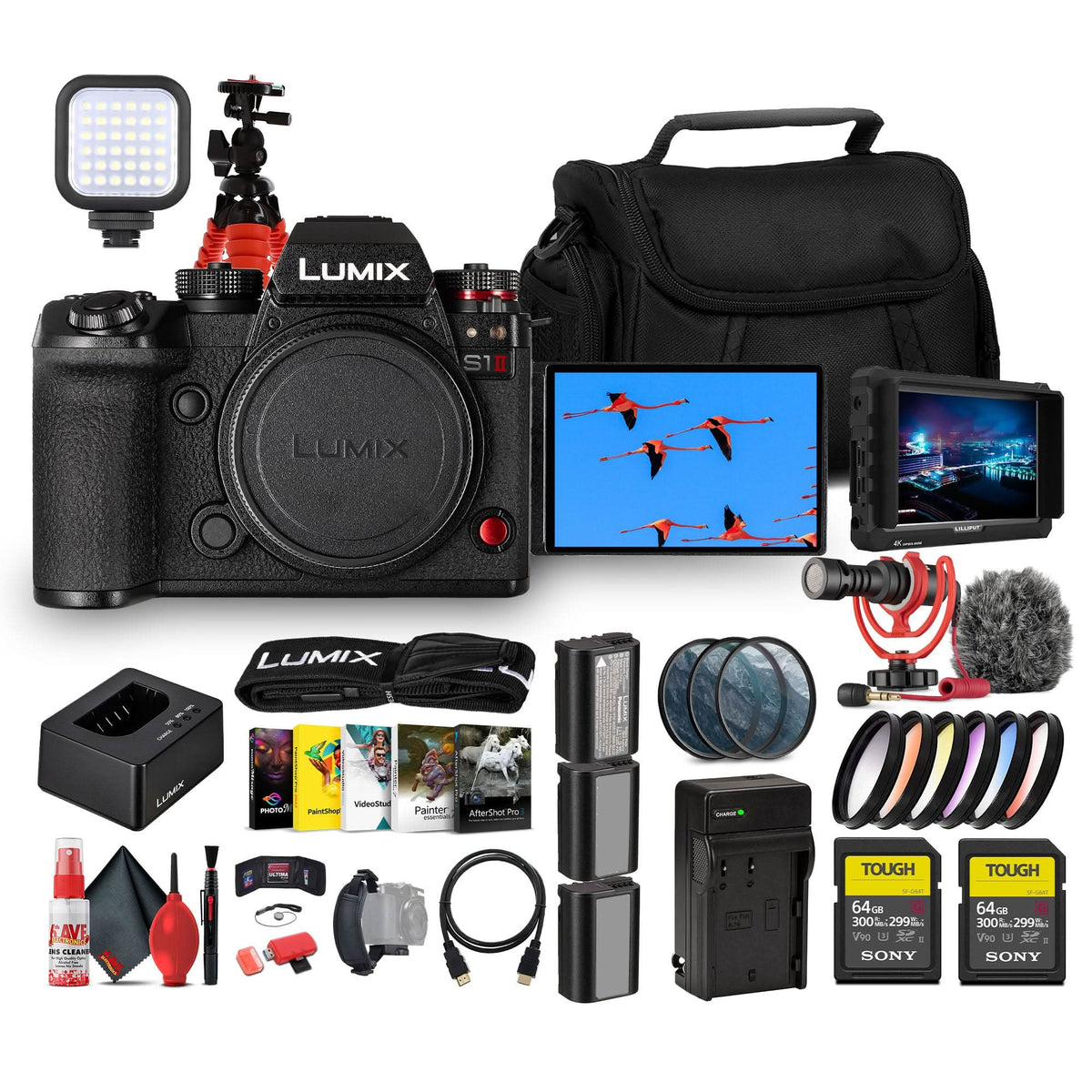 Panasonic LUMIX S1 II Mirrorless Camera | 24.2MP Full-Frame BSI Sensor, 6K Video, Dual I.S. 2, Phase Hybrid AF, 30fps Burst, L-Mount Body (DC-S1M2SBODY) + Monitor + 2 x 64GB Card + Video Mic + More